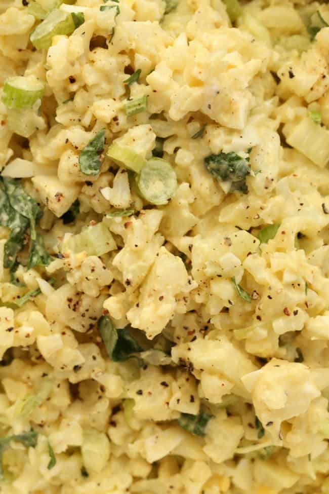 This Low Carb Cauliflower Potato Salad is loaded with eggs, onions and celery and the dressing is the typical mayonnaise and mustard base