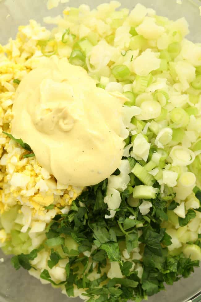 This Low Carb Cauliflower Potato Salad is loaded with eggs, onions and celery and the dressing is the typical mayonnaise and mustard base