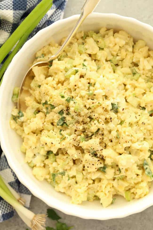This Low Carb Cauliflower Potato Salad is loaded with eggs, onions and celery and the dressing is the typical mayonnaise and mustard base