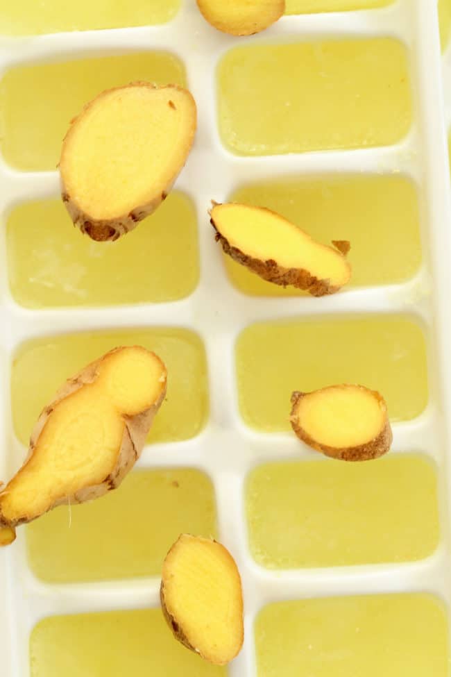 Add these Anti inflammatory Ginger Ice Cubes to a cup of hot water to make ginger tea and to soups and stews for a delicious pop of ginger flavor