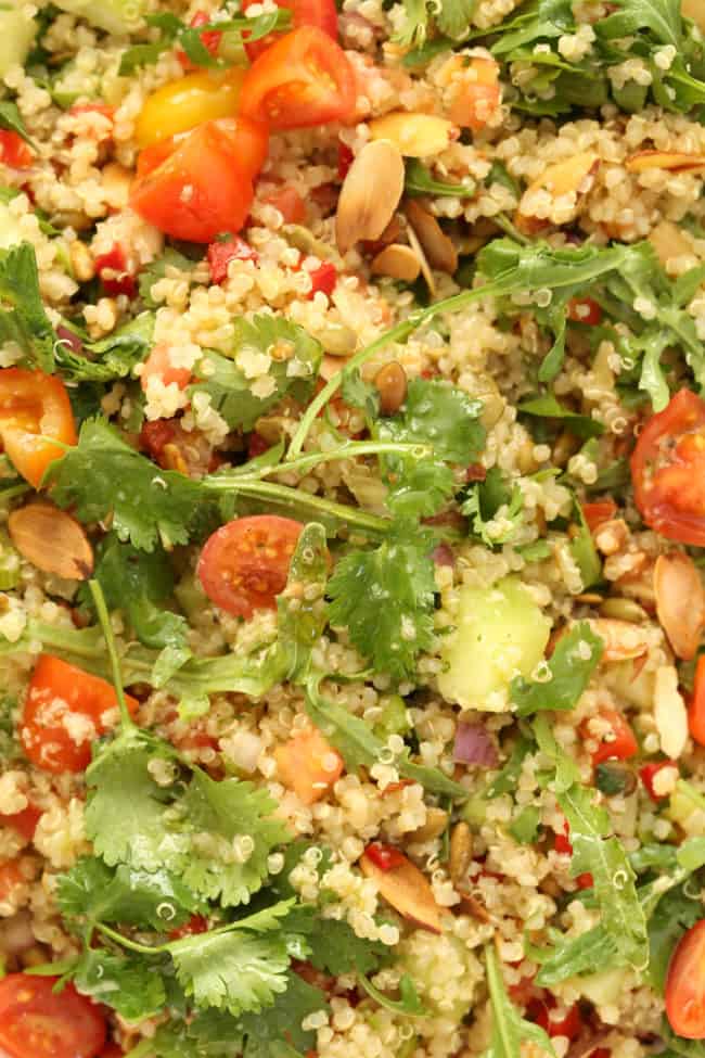 This Mexican Quinoa Salad is a powerhouse salad packed with quinoa, cucumber, arugula, red pepper, pico de gallo, toasted nuts and lots of fresh cilantro