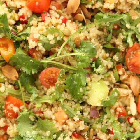 This Mexican Quinoa Salad is a powerhouse salad packed with quinoa, cucumber, arugula, red pepper, pico de gallo, toasted nuts and lots of fresh cilantro