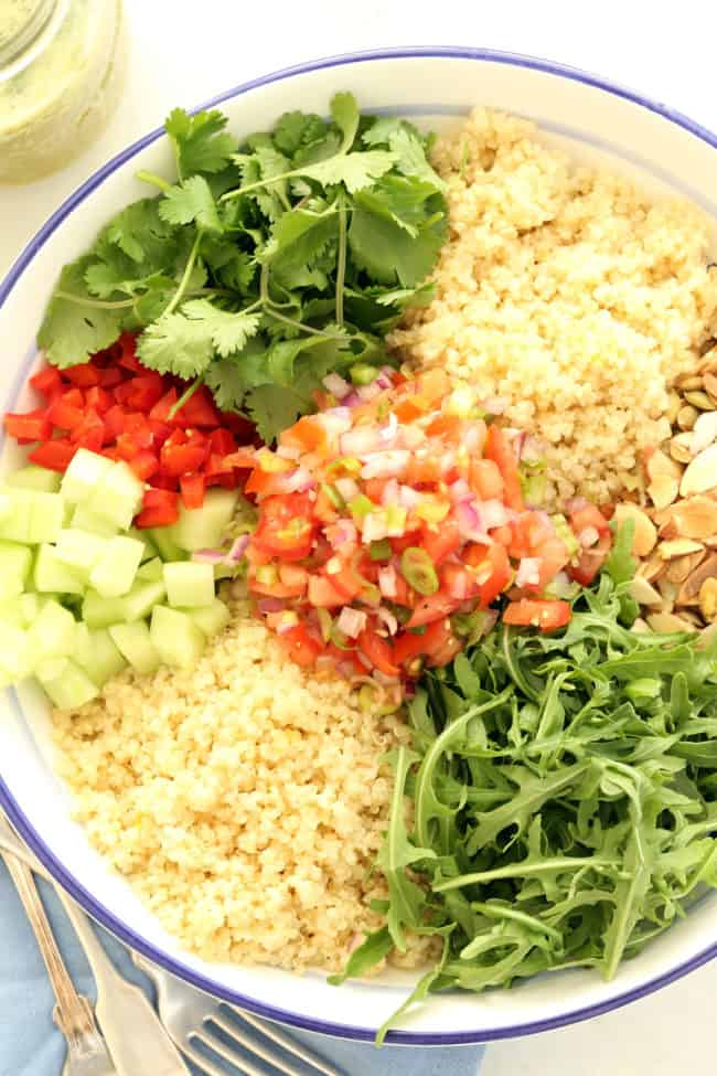 This Mexican Quinoa Salad is a powerhouse salad packed with quinoa, cucumber, arugula, red pepper, pico de gallo, toasted nuts and lots of fresh cilantro
