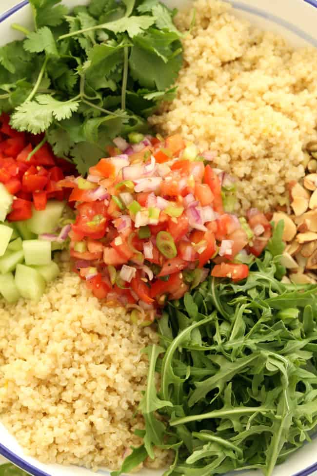 This Mexican Quinoa Salad is a powerhouse salad packed with quinoa, cucumber, arugula, red pepper, pico de gallo, toasted nuts and lots of fresh cilantro