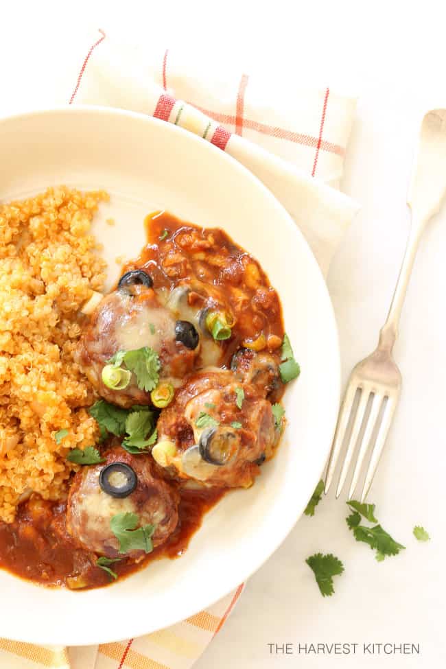 A white plate of Mexican meatballs in enchilada sauce with Spanish rice.