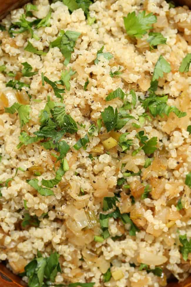 This Vegetarian Caramelized Onion Quinoa is chock-full of flavor, totally satisfying, and it makes a great side dish to grilled chicken or salmon