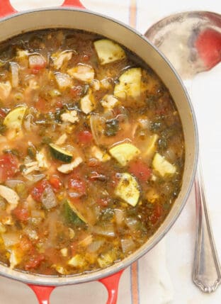 A red pot filled with healthy Chicken Tortilla Soup.