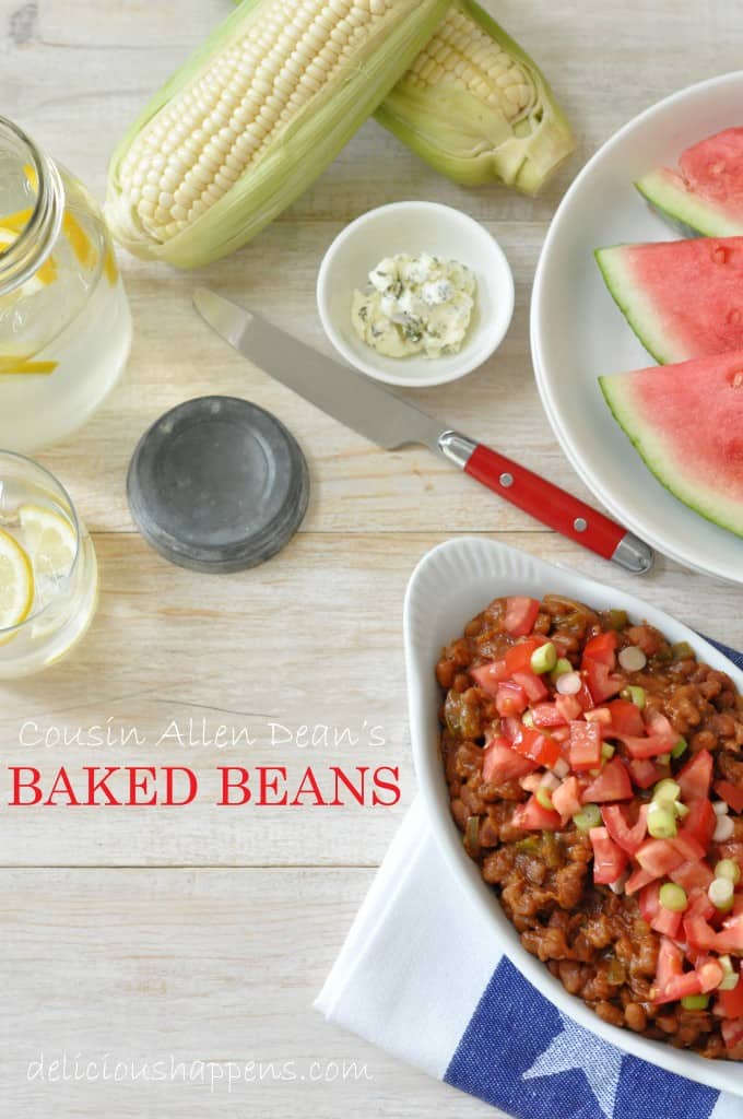 serving dish filled with baked beans