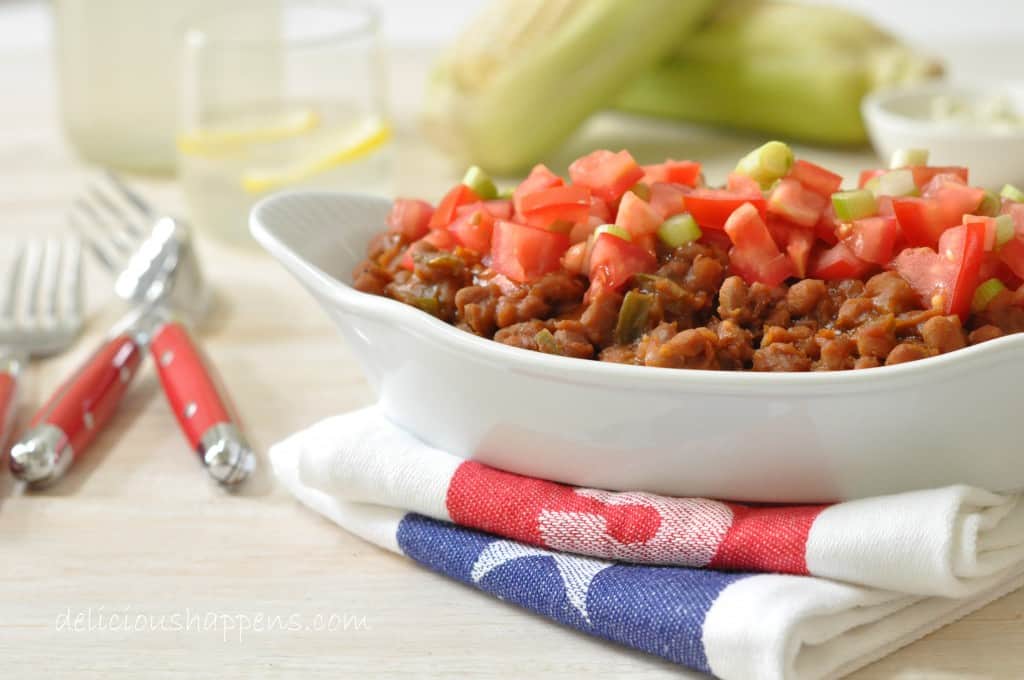 serving dish filled with vegan baked beans