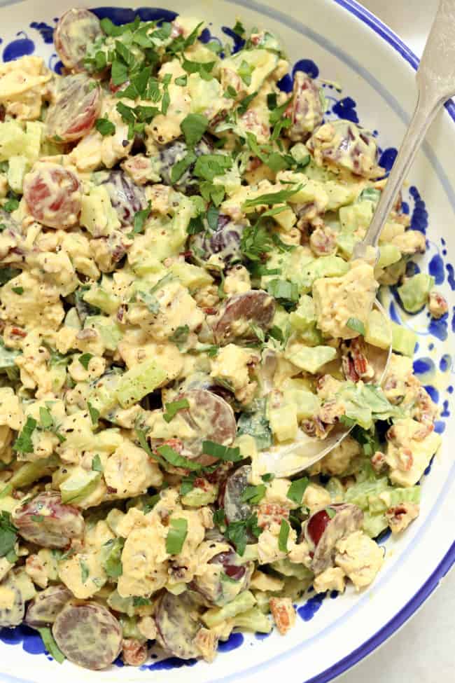This Curried Chicken Salad with Grapes and Pecans is loaded with tender bites of chicken, celery, sweet grapes and toasted pecans all tossed in a simple curry dressing
