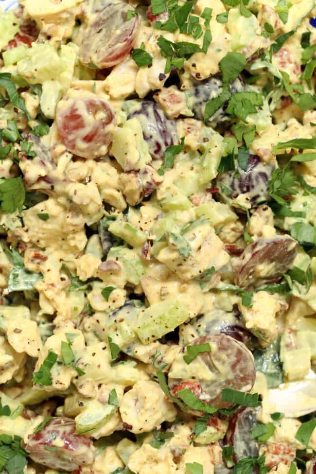 chopped chicken salad with grapes, celery and pecans