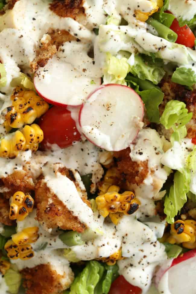 bowl of crispy chicken salad recipe with ranch dressing