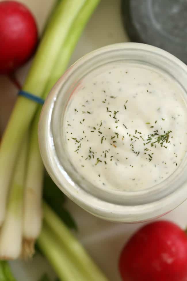 inside of mason jar filled with ranch dressing