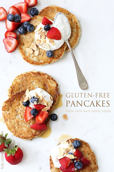 These Gluten-free Pancakes are made with coconut flour, coconut oil, pure maple syrup and chia seeds