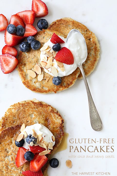 These Gluten-free Pancakes are made with coconut flour, coconut oil, pure maple syrup and chia seeds