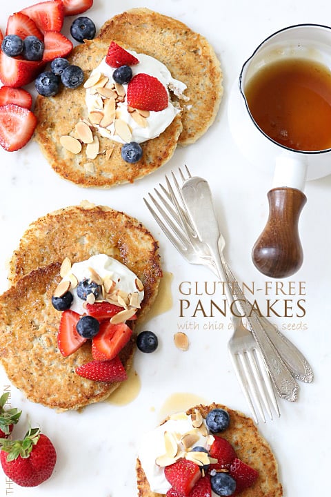 These Gluten-free Pancakes are made with coconut flour, coconut oil, pure maple syrup and chia seeds