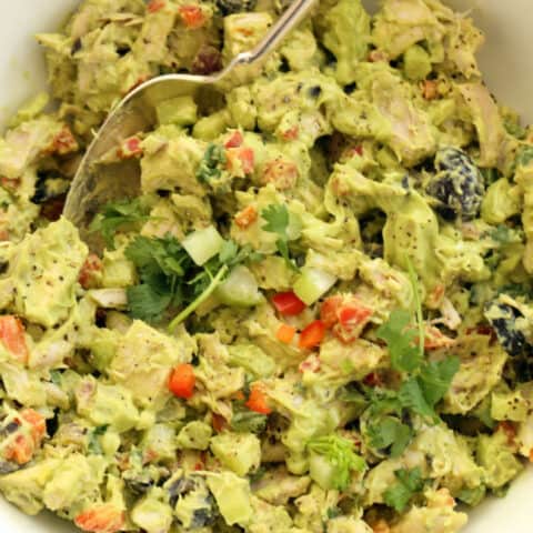 Avocado Chicken Salad is an easy chicken and avocado salad made with chicken, vegetables and black olives all tossed in a vegan avocado mayo