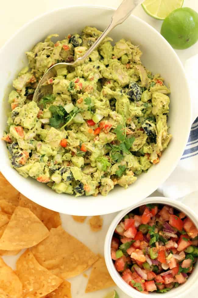 Avocado Chicken Salad is an easy chicken and avocado salad made with chicken, vegetables and black olives all tossed in a vegan avocado mayo