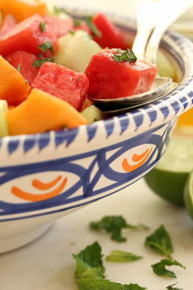 Melon Salad with Honey Lime Dressing is a mix of watermelon, cantaloupe and honeydew 