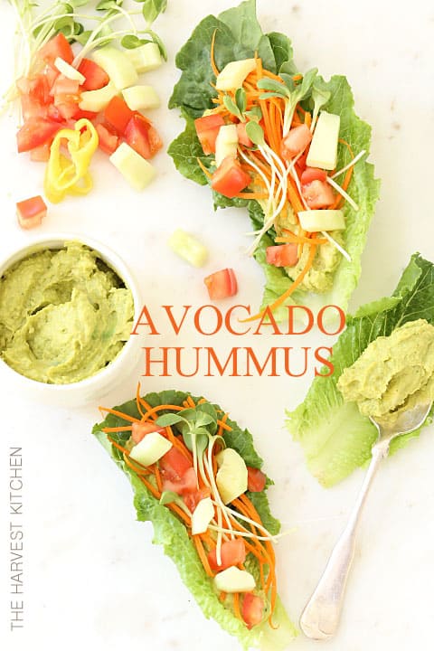 A white bowl filled with green dip. Lettuce wraps filled with vegetables and the dip sits next to the bowl.