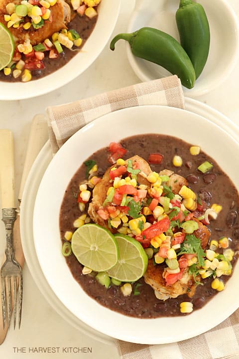 Garlic Chicken with Black Bean Sauce is a delicious mix of marinated chicken served with black bean sauce and then garnished with a simple corn salsa.