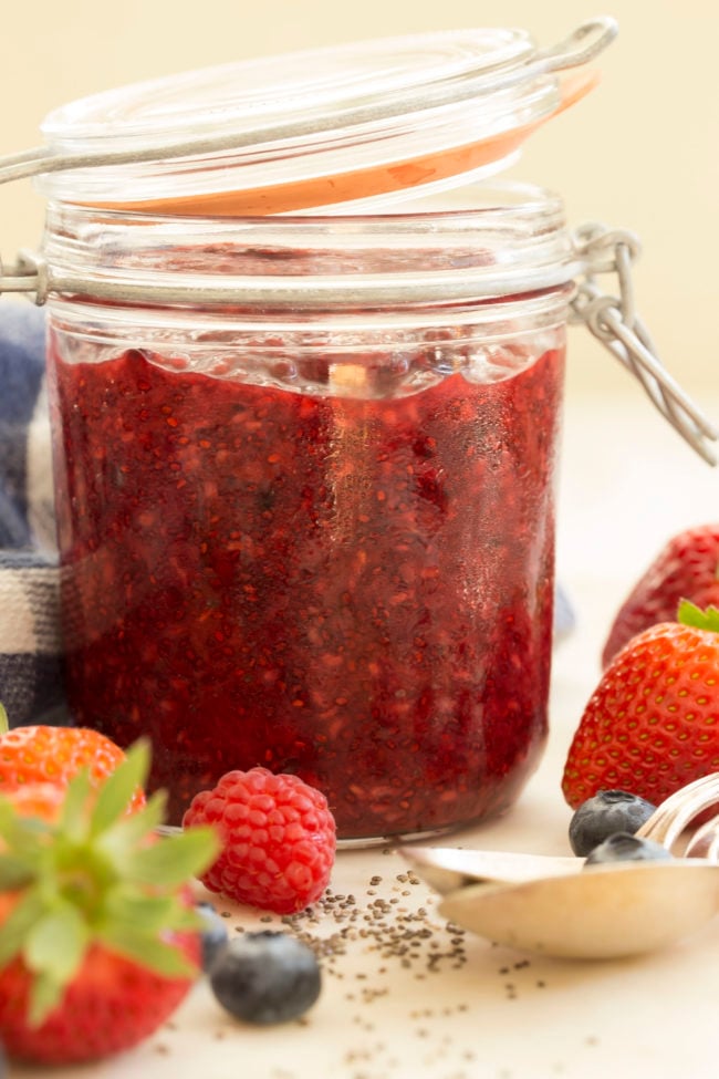 This delicious Mixed Berry Chia Seed Jam is sweetened with honey and thickened with chia seeds, and it comes together in about 20 minutes