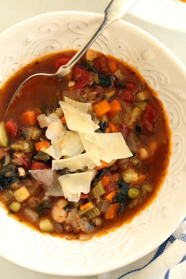 This Easy Minestrone Soup Recipe  is so jam-packed with vegetables that it could double as a stew