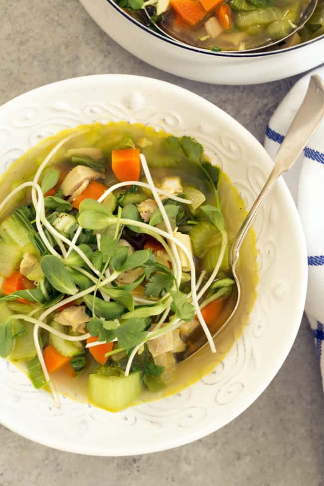 This Immune Boosting Chicken Soup is chock full of carrots, celery, bok choy, onion, garlic, ginger and curry.  It's an easy chicken soup recipe to make when you start to feel under the weather