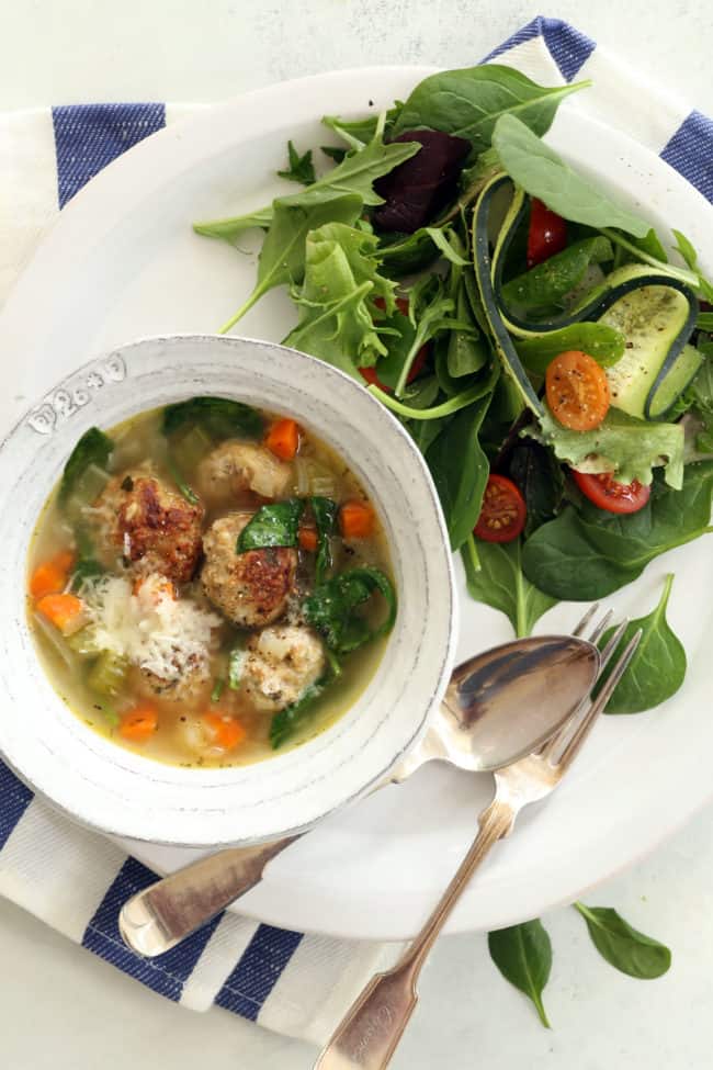 bowl of Italian soup with meatballs