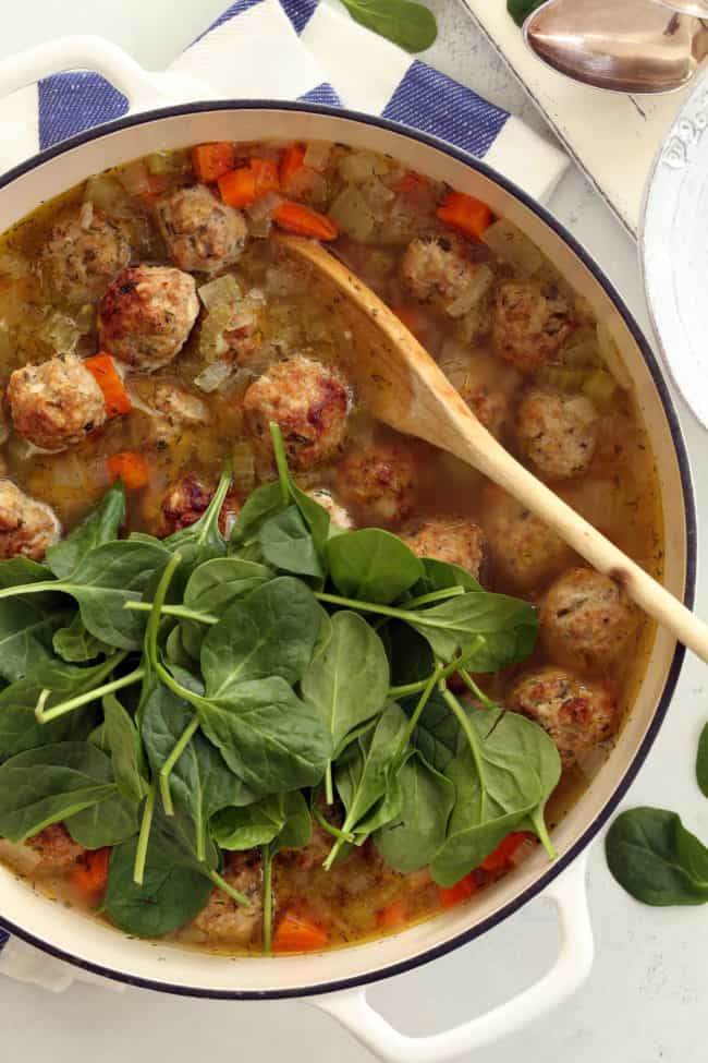 pot of Italian soup with meatballs