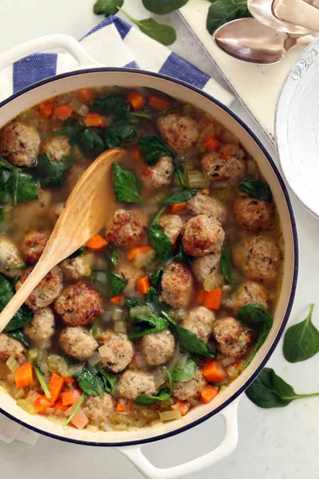 Pot of Italian soup with meatballs