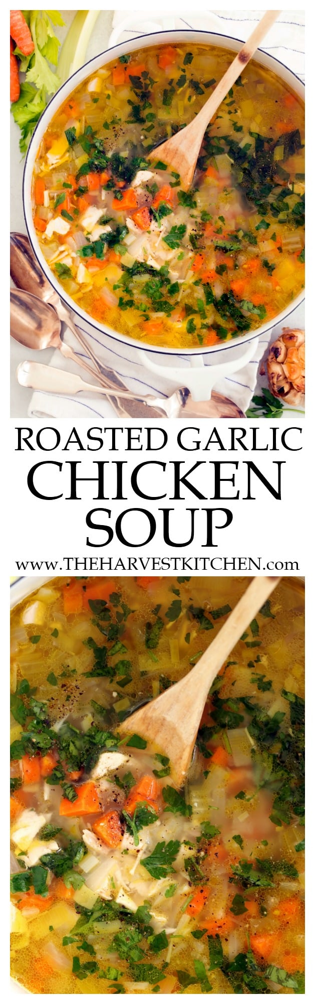 This Roasted Garlic Chicken Soup is loaded with chicken and vegetables all simmered in a delicious roasted garlic broth chicken broth