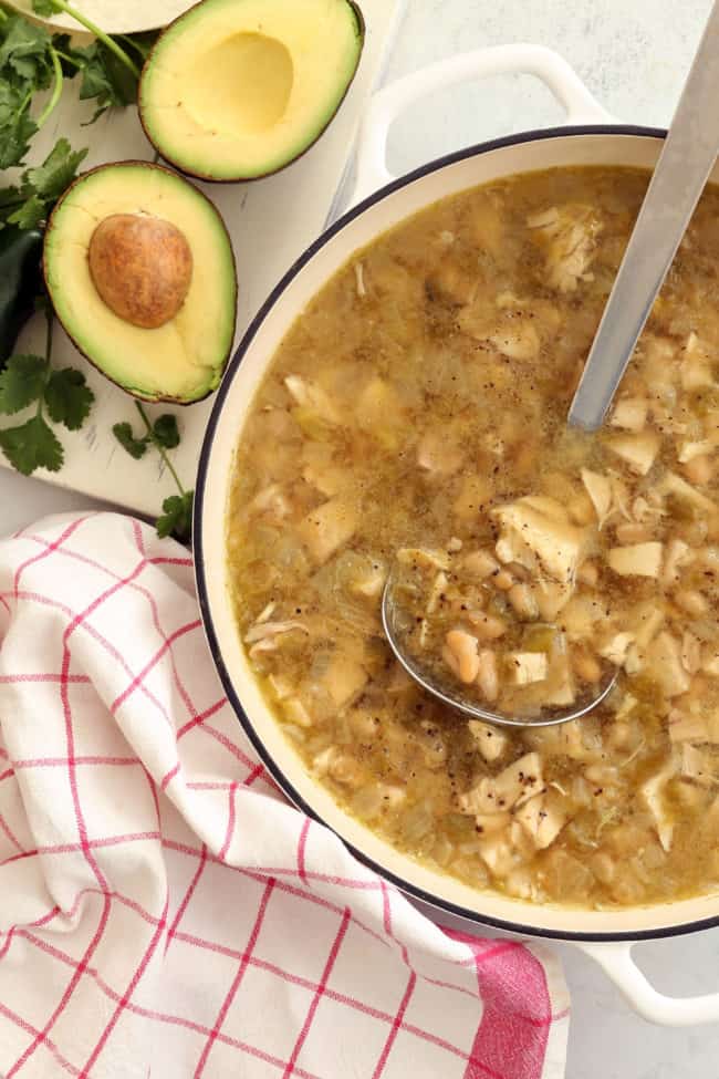 This White Bean Chicken Chili is made with cooked chicken, cannellini beans, canned green chilies, onion garlic and traditional Mexican seasoning