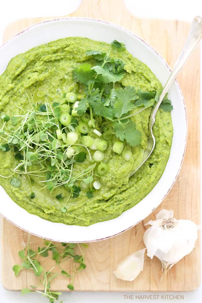 This Spinach Hummus is loaded with chickpeas, spinach, arugula, cilantro, green onion and garlic
