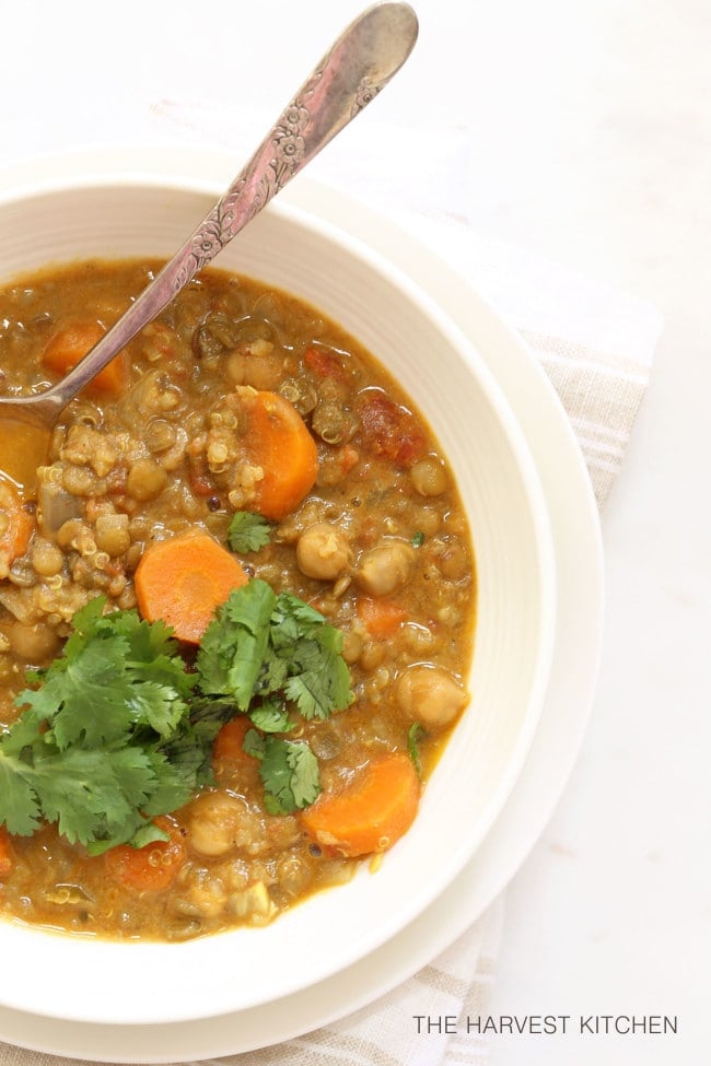 bowl of coconut curry soup with lentils