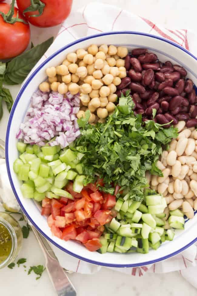 bowl of legume salad ingredients