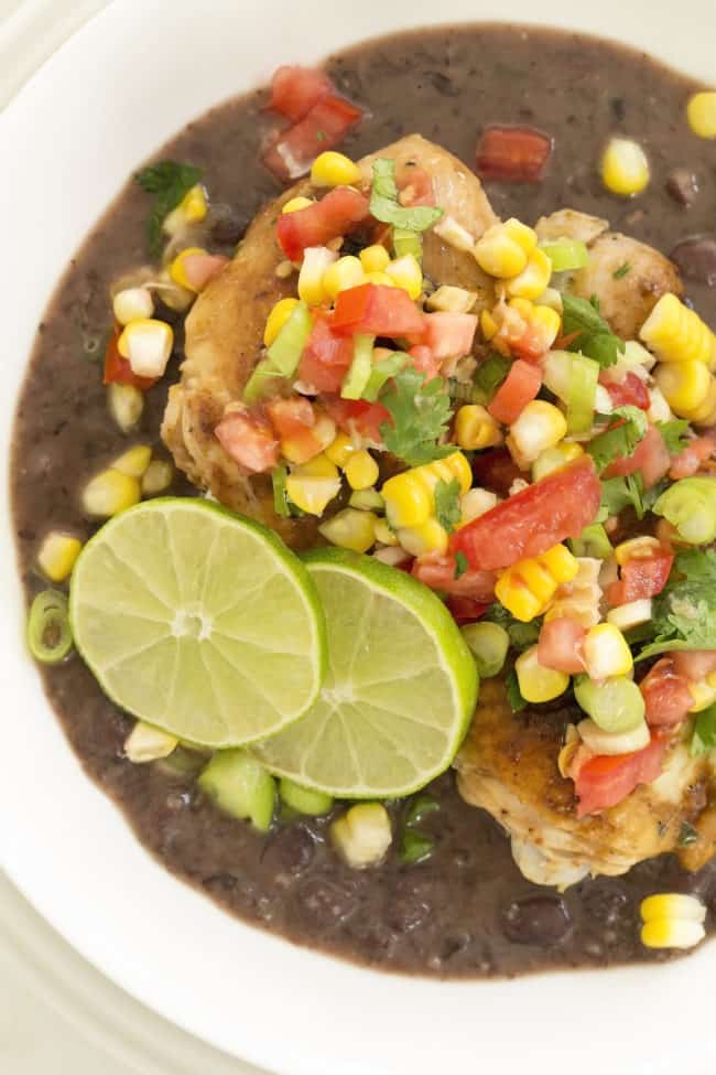 Garlic Chicken with Black Bean Sauce is a delicious mix of marinated chicken served with black bean sauce and then garnished with a simple corn salsa