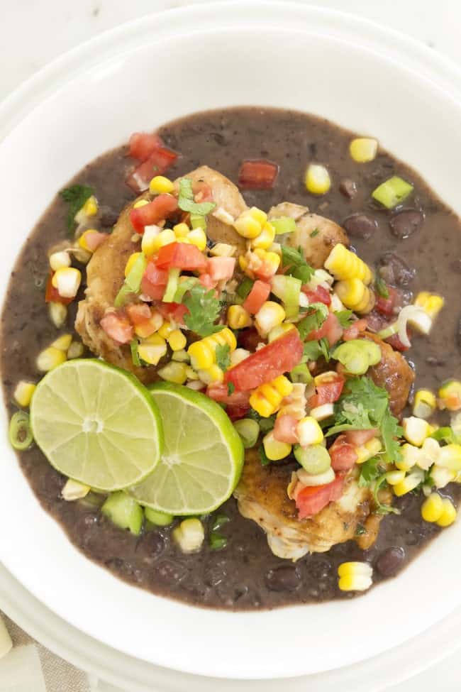 Garlic Chicken with Black Bean Sauce is a delicious mix of marinated chicken served with black bean sauce and then garnished with a simple corn salsa