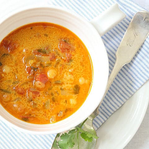 This vegan Coconut Curry Soup with Chickpeas is made with chickpeas, coconut milk and flavored with curry, ginger and a wee bit of jalapeno