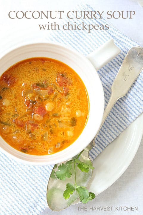 This vegan Coconut Curry Soup with Chickpeas is made with chickpeas, coconut milk and flavored with curry, ginger and a wee bit of jalapeno