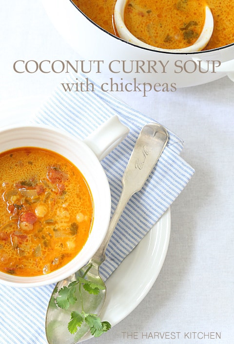 This vegan Coconut Curry Soup with Chickpeas is made with chickpeas, coconut milk and flavored with curry, ginger and a wee bit of jalapeno