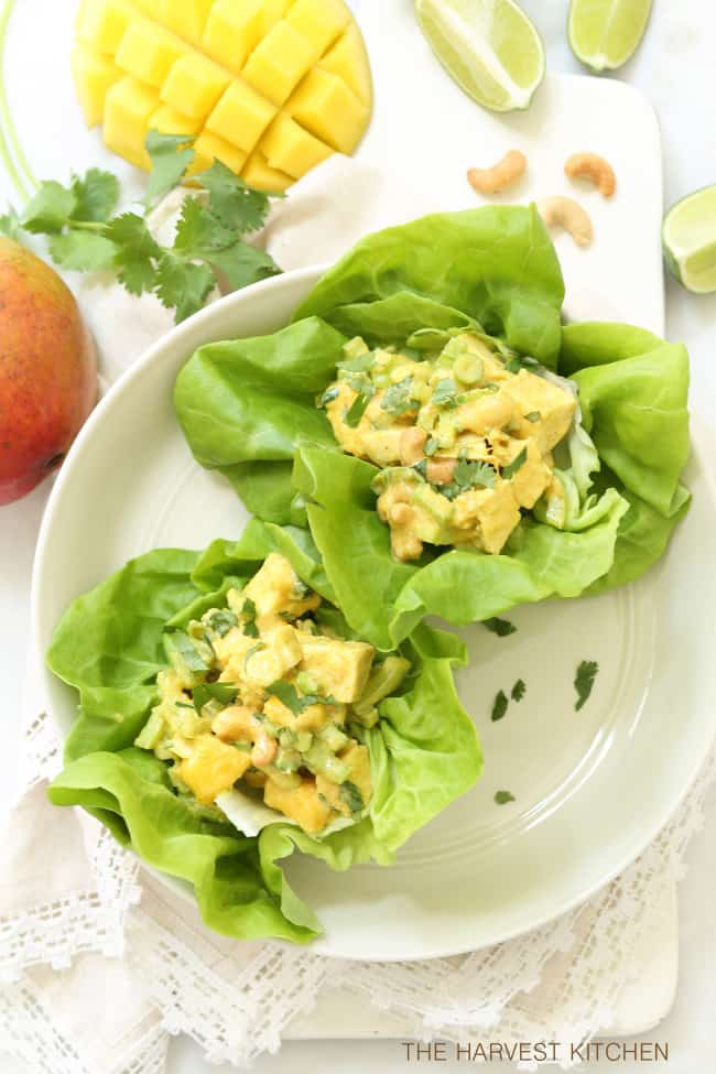 A white plate filled with lettuce wraps.