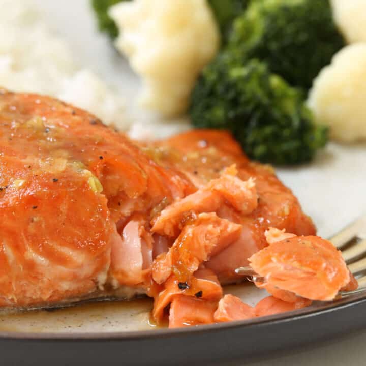 This Orange Teriyaki Glazed Salmon is marinated in a simple soy and citrus marinade with hints of garlic and ginger