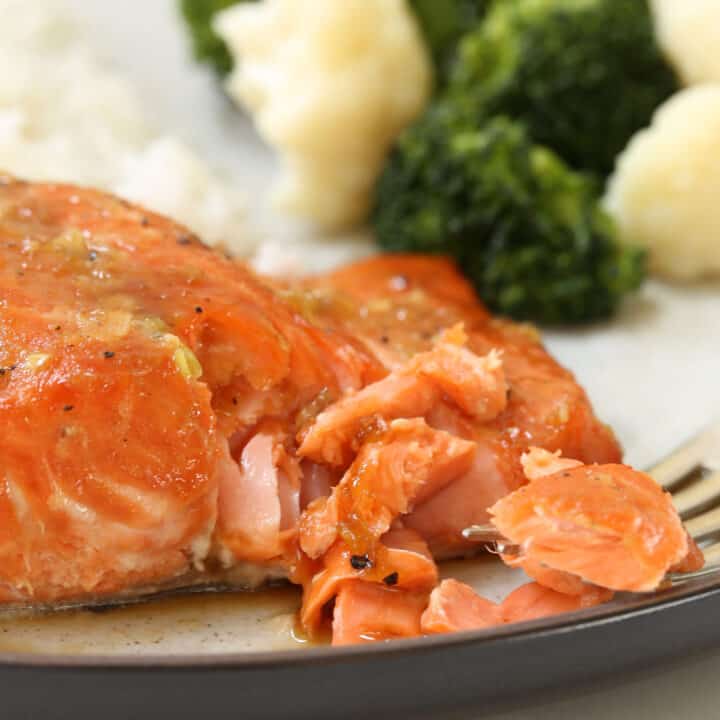 A plate with a piece of teriyaki glazed salmon on it.