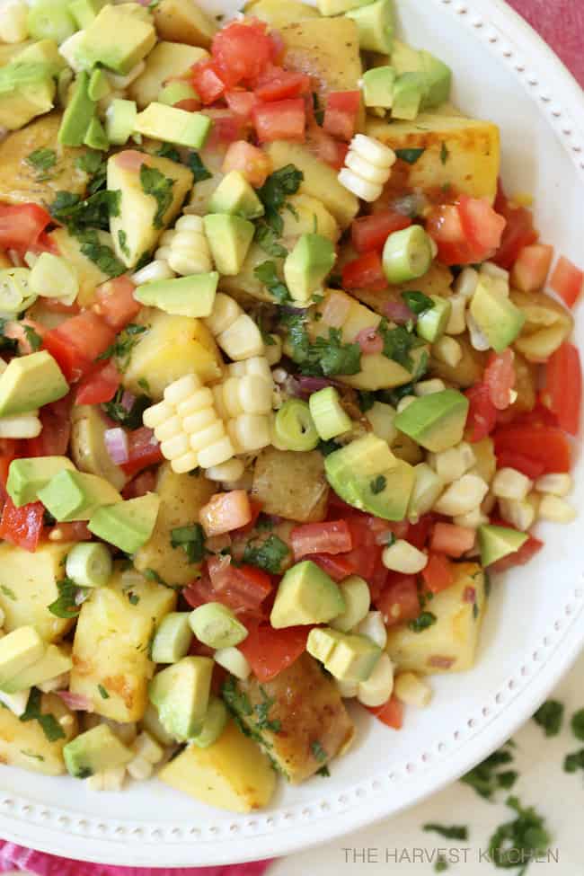 This Mexican Potato Salad is loaded with corn, tomatoes, avocado, green onion and cilantro all tossed in a cilantro lime vinaigrette