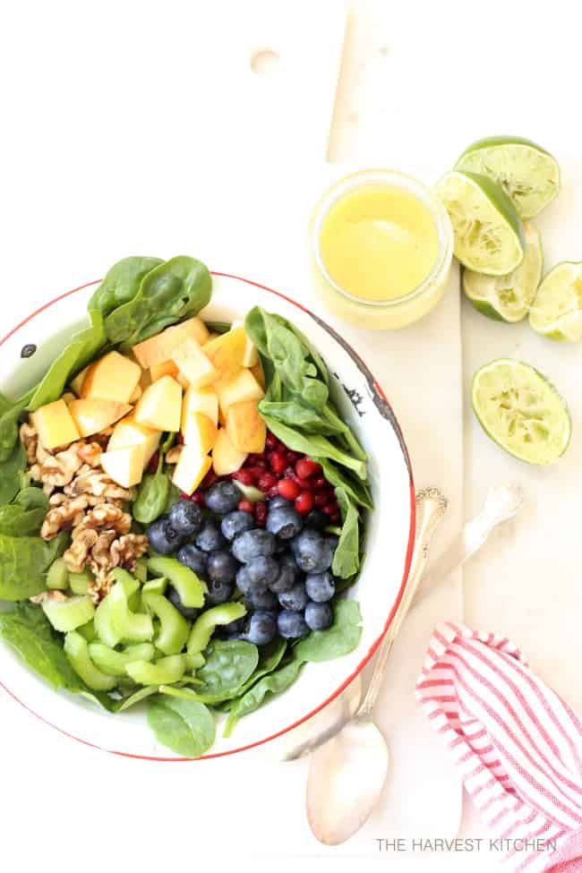 A white bowl filled with spinach and blueberry salad.