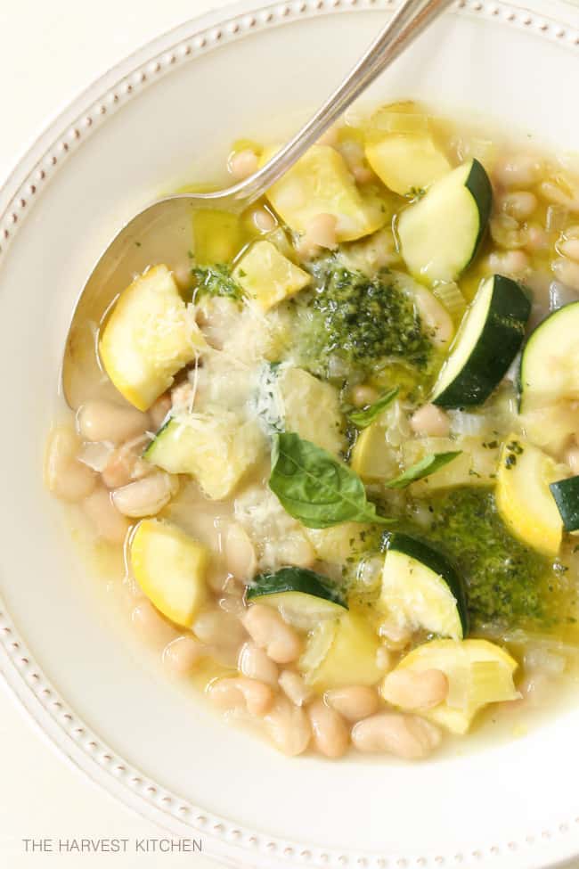 This nourishing Summer Squash Soup is chockfull of chunky pieces of zucchini and yellow squash, onion, celery and cannellini beans, all simmered in a delicious broth