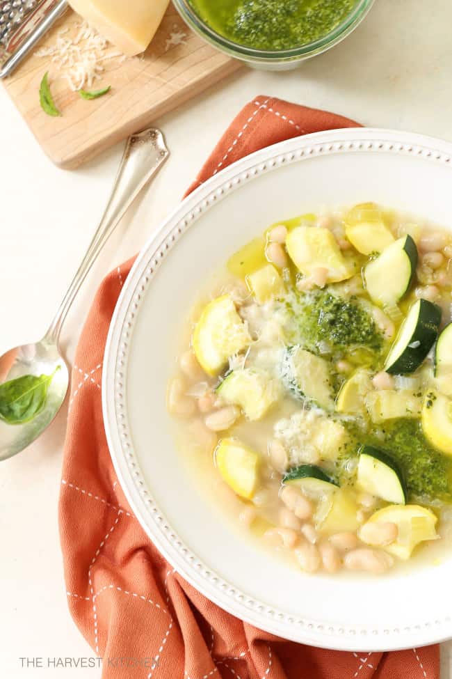 This nourishing Summer Squash Soup is chockfull of chunky pieces of zucchini and yellow squash, onion, celery and cannellini beans, all simmered in a delicious broth