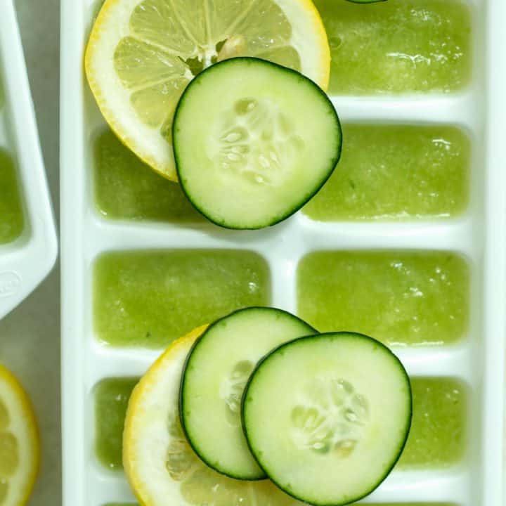 Make spa-like cucumber lemon water (also called cucumber detox water) by adding these Hydrating Lemon Cucumber Ice Cubes to your water daily for the added nutritional, hydrating and weight-loss benefits