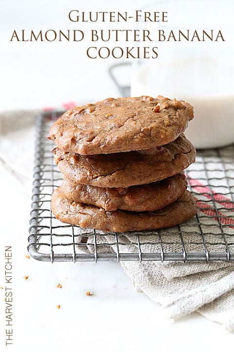 A stack of four gluten free almond butter cookies on a cooling rack.